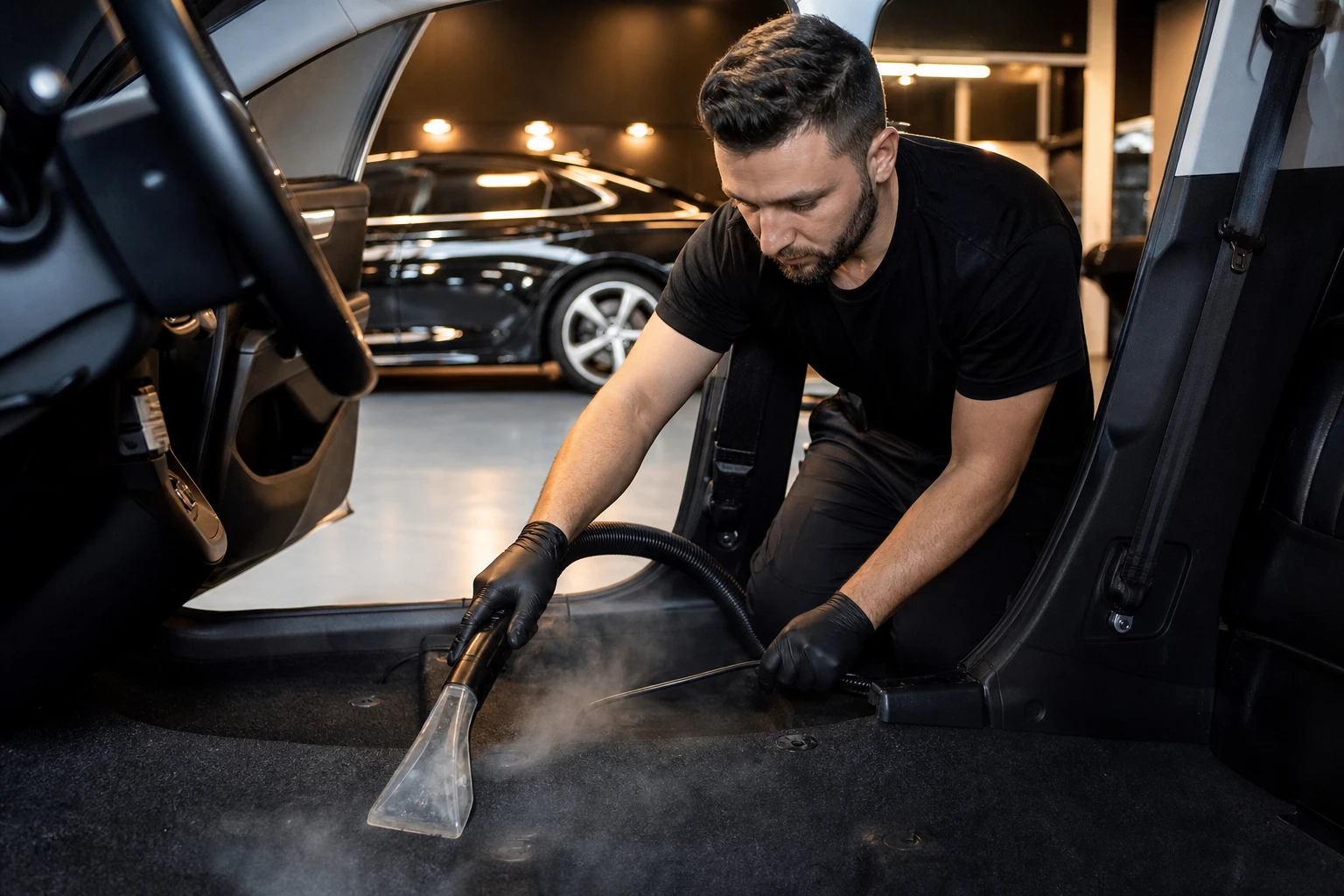 Professional car detailing in progress at a climate-controlled New Hampshire shop, where condition and labor determine the price