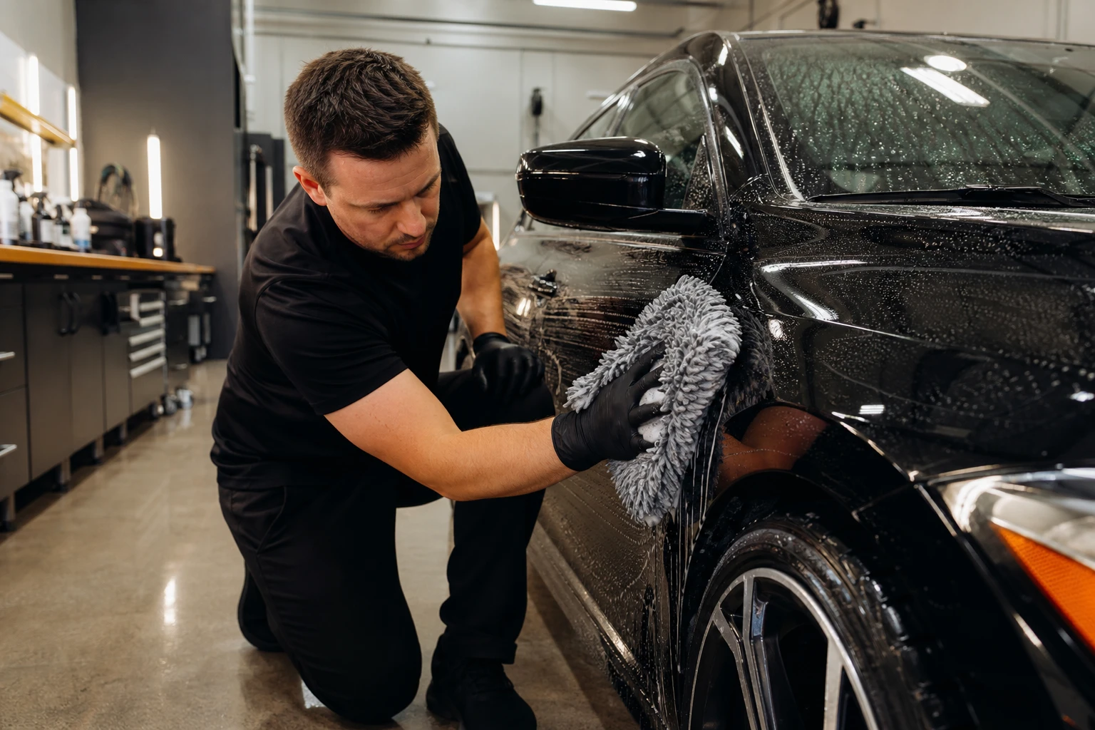 Professional auto detailing in progress at a climate-controlled shop serving Manchester NH drivers