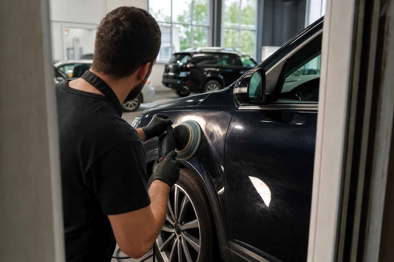 Detailer machine-polishing a car's paint under LED light before ceramic coating at a Derry NH shop serving Salem drivers