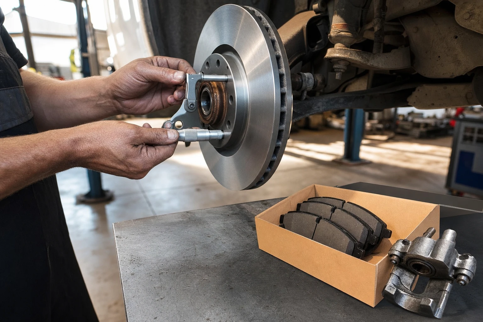 Mechanic measuring a disc brake rotor with a micrometer next to a fresh set of brake pads on a workbench at a Manchester, NH repair shop.