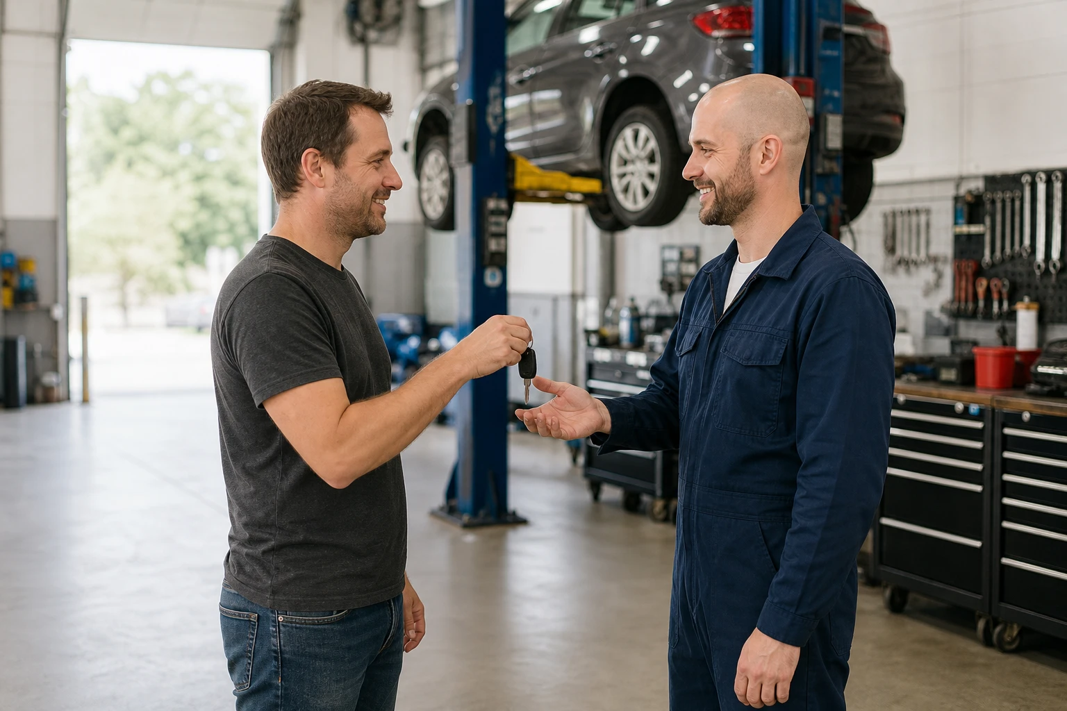 A driver handing car keys to a mechanic in the bay of a clean independent auto repair shop serving the Nashua, NH area.