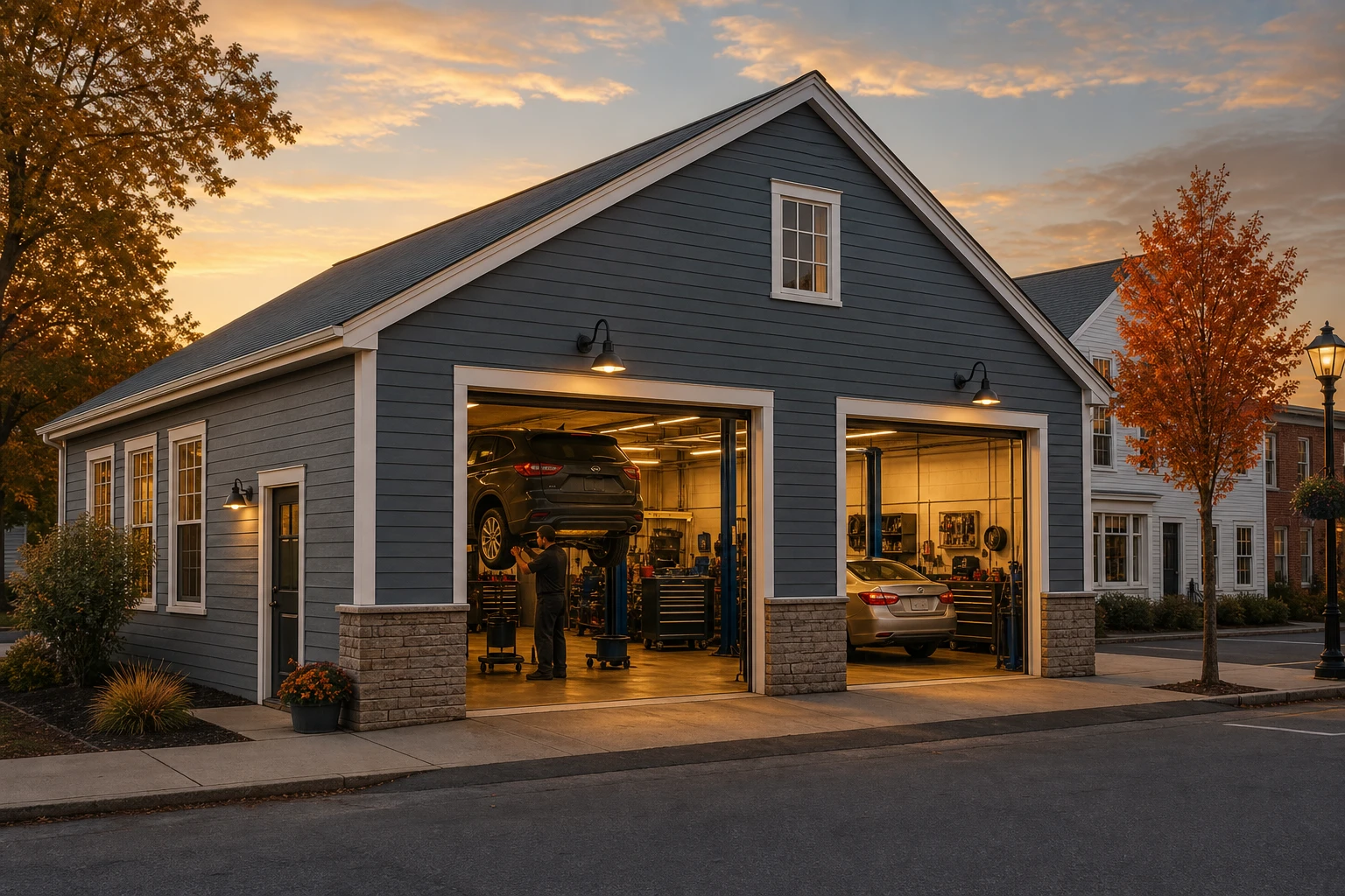 Exterior of an independent auto repair shop on a New Hampshire main street, with service bay doors open and a technician at work inside.