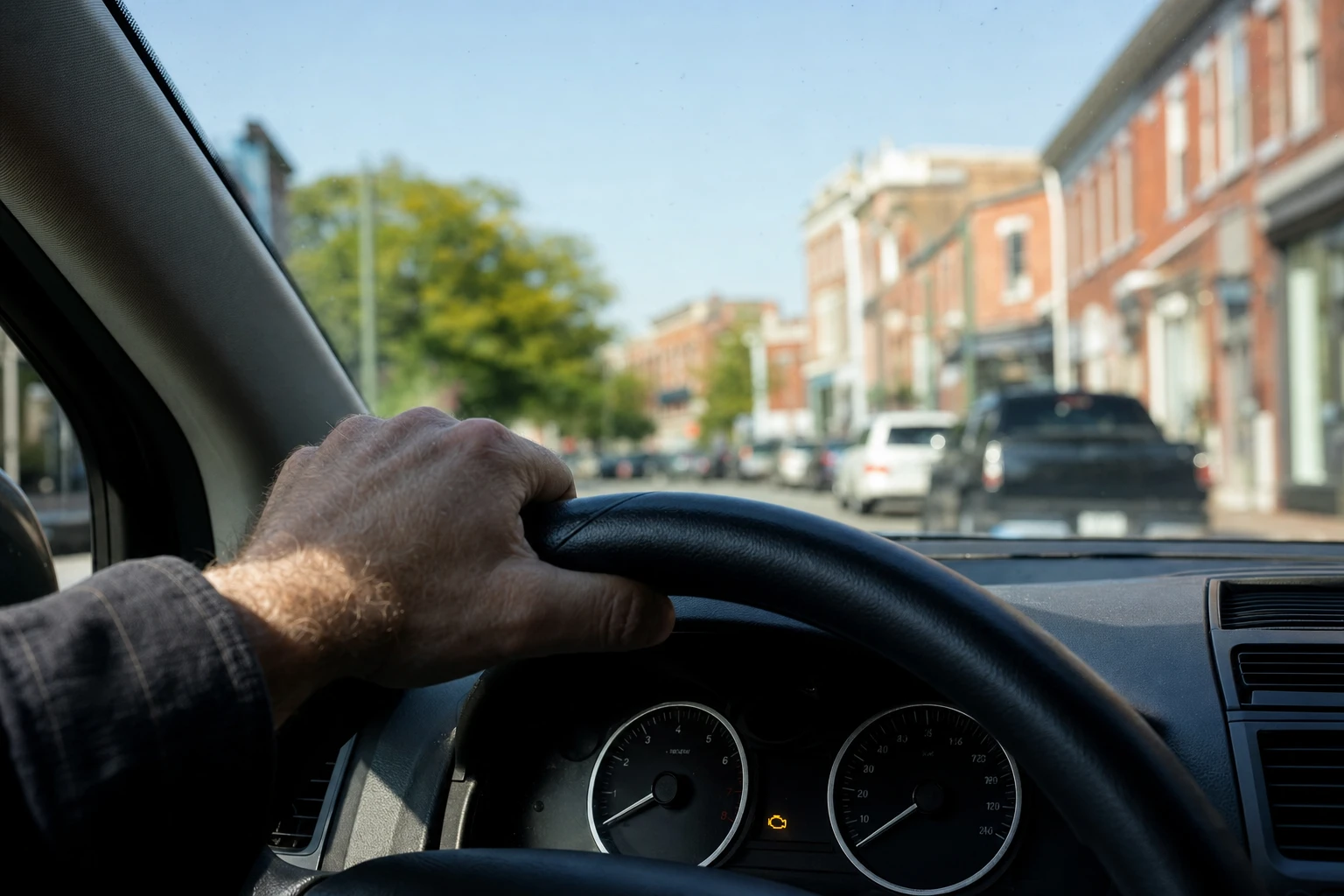 A Manchester, NH driver checking an illuminated amber check engine light on the dashboard while parked, deciding what to do next.